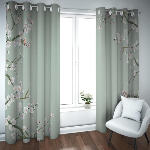 LANDOCROWN Polyester Blackout Curtains Spring Cherry Floral Eyelet Drapes for Living Room Bedroom Decor Sage Greeen Window Treatment 100x84 Inch 2 Panels