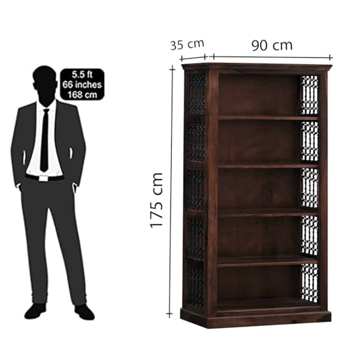 Image of SONA ART & CRAFTS Iron Jali Book Shelf Wooden | Multipurpose 5 Tier Open Bookshelf for Home & Library | Storage Cabinet for Living Room | Crockery Cabinet for Home, Kitchen | Walnut