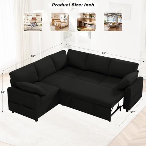 Image of 87 inch Fabric Sectional Couch w /Pull Out Bed & Storage Space, Black