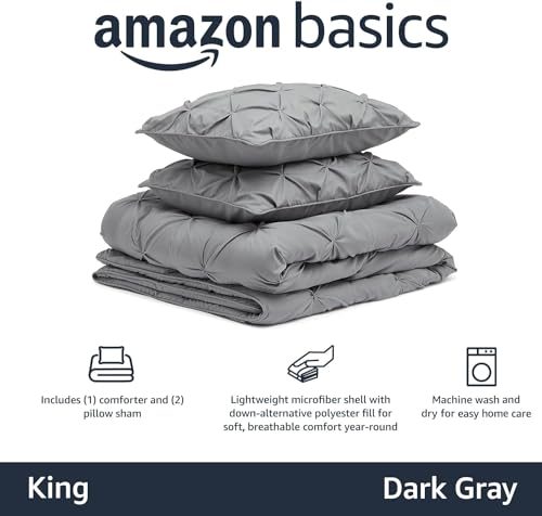 Image of Amazon Basics Soft, Lightweight King Size Comforter Set, All-Season Down-Alternative 3-Piece Bedding Set, Pinch Pleat Design with Piped Edges, Dark Grey