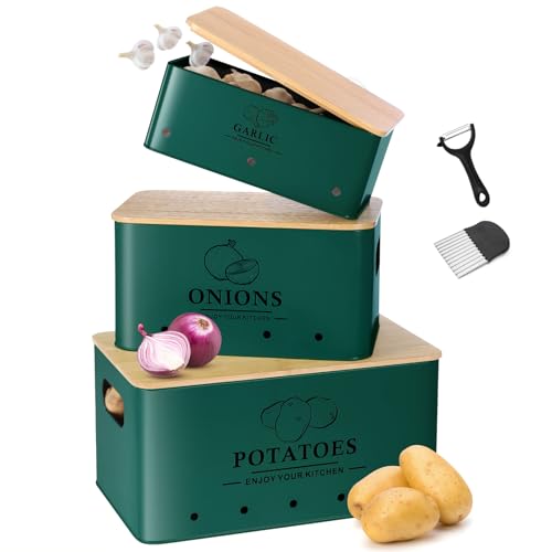 Dekosilave Kitchen Vegetable Storage Set of 3, Metal Onion Garlic Potato Storage Set, Kitchen Canisters Vegetable Keeper Containers with Aerating Holes and Bamboo Lid,Alpine Green
