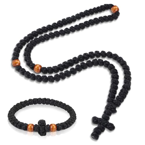 Landical 2 Pcs Chotki Orthodox Prayer Rope 100 Knots with Christian 33 Knots Handmade Bracelet Charm Greek Rosary Protection Blessing Cross Gifts Tassel Car Hanging Home Ornament(Brown Classic Style)