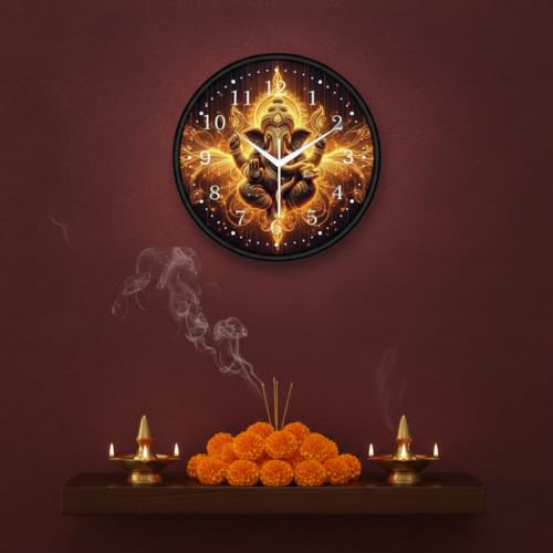 Image of Lord Ganesha Wall Clock for Living Room, Home Decor & Pooja Room | Golden Glowing Ganpati Bappa Analog Designer Wall Clock (Round, 12 Inch, Silent Sweep) | Spiritual Vastu Decorative Gift Item