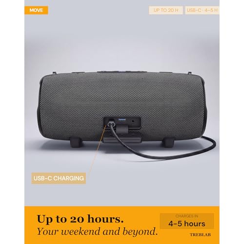 Image of TREBLAB Loud Portable Wireless Bluetooth Speaker, 60W Deep Bass, IPX7 Waterproof Outdoor Speaker, 20H Rechargeable Battery, Built-in Powerbank, TWS Stereo Pairing, Mic, USB-C, Carrying Strap - HD-Max
