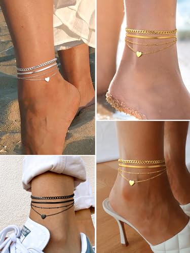 Image of FindChic Black /Silver /Gold Plated Anklets Set of 2PCS /3PCS Herringbone Chain Cuban Link Heart Charm Sparkling Tennis Ankle Bracelets, Waterproof Summer Foot Jewelry for Beach