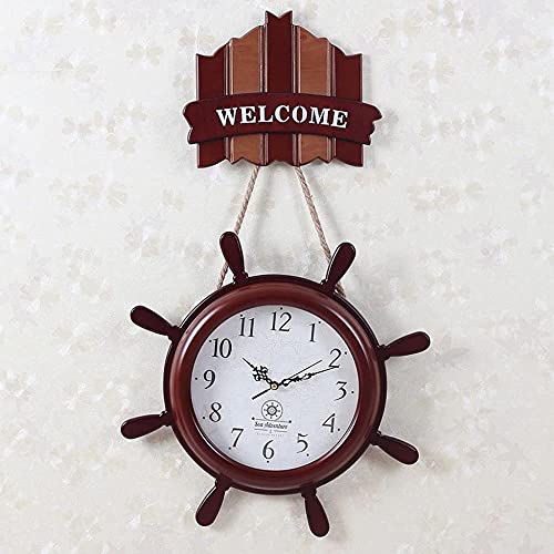 Mediterranean Wooden Wall Clock Classic Clock Non Ticking Silent - Home Cafe Pub Bar Decor Wall Clock Ornaments (Color : Blue)-Brown
