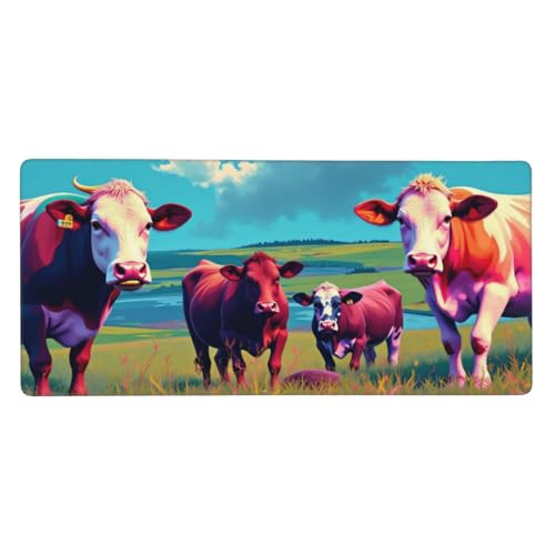 Tapis de souris de jeu bords cousus anti-effilochage, grand sous-main 90cm imprimé vache antidérapant