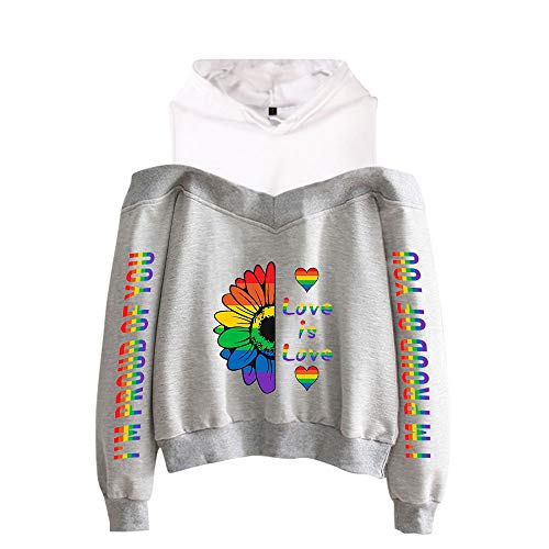 JLTPH Damen LGBT Kapuzenpullover Gay Lesbian Pride Regenbogen Herz Drucke Schulterfrei Hoodie Pullover Pulli Langarm Sweatshirt Kapuzenpulli Tops