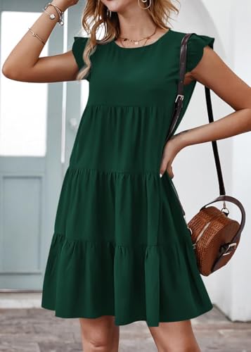Image of KIRUNDO Summer Dresses for Women Sundress Sleeveless Ruffle Sleeve Round Neck Loose Short Flowy Pleated Mini Babydoll Dress