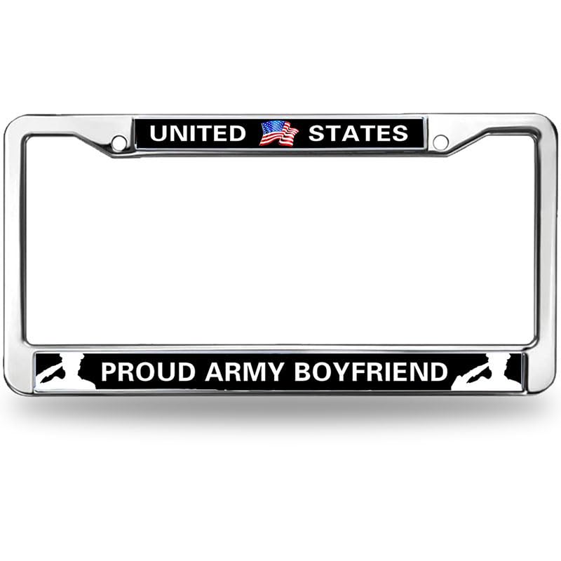 Image of Proud Army Boyfriend 2-Holes Stainless License Plate Frame,Proud US Army Polish White Stainless Steel License Plate Frame with Screws Caps Sets