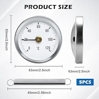 5 Pezzi Termometro da Contatto per Tubi di Riscaldamento, Termometro per Tubi, Indicatore di Temperatura con Molla a Clip, con Molla Attaccabile 63mm, Termometro a Lancetta per Tubi Acqua Calda 0-120℃