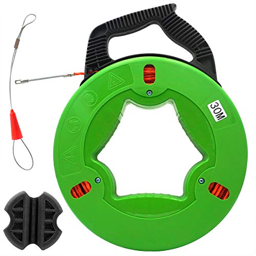 Preisvergleich Produktbild Akuoly Einziehband 30m Einziehdraht Einziehspirale mit Führungsfeder Polyester Einziehhilfen ideales Einzugsband zur Kabelverlegung mit grün Kunststoffgehäuse