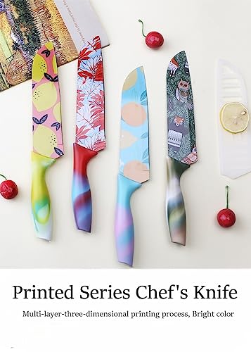 Image of YANCI Chef's Knife, High Carbon Stainless Steel Multicolored Kitchen Knife Nonstick Color Printed with Blade Guard, 6.8 Inch (Forest Green)