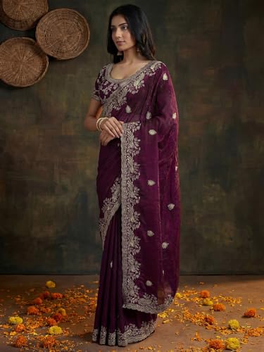 Image of SIRIL Women's Tissue Silk Scalloped Border Embroidery Saree with Unstitched Blouse Piece