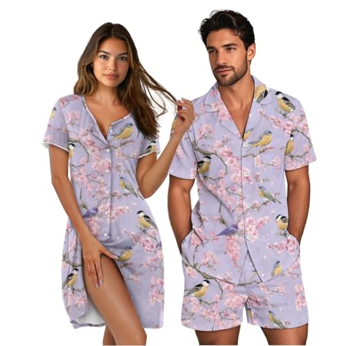 Liuqpwys Cherry Blossom Bird His and Hers Pajamas Sets Fashion Elegant Couple Pajamas Set for Home All-day Comfort Front Placket Daily Home Wear for Women and Men Casual