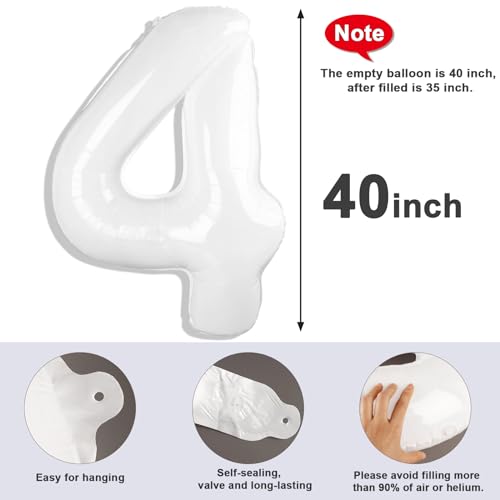 Image of 4 Balloon Numbers Birthday Decorations, 40In White Balloons for Men Women | Eye-catching Appearance, Perfect Decorative Centerpieces, Convenient Self-sealing Structure, Widely for Various Occasions