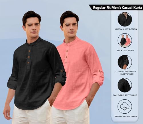 Image of Zombom Men's Combo Cotton Polyester Blend Solid Full Sleeve Straight Regular Fit Mandarin /Chinese Collor Kurta (Pack of 2)