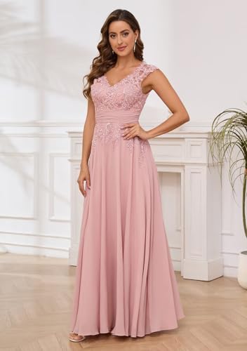 Women's Lace Applique Mother of The Bride Dresses for Wedding V-Neck Long Formal Evening Gowns 5