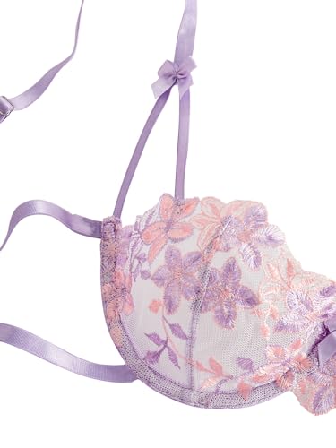 Image of Lilosy Sexy Tie Side Cute Underwire Push Up Strappy Embroidered Mesh Sheer Lingerie Set