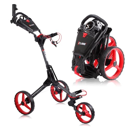 Cube, Carrello da golf a 3 ruote, piccolo carrello da golf pieghevole leggero, carrello da golf a due gradini con maniglia regolabile e freno a pedale, supporto per ombrello incluso