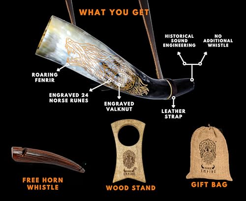 NORSE EMPIRE Viking Rustic Blowing Horn Set with Wooden Stand & Whistle Authentic Tribal-Style Decor & Instrument Battle Trumpet Crafted from Authentic Premium Ox Horn… - Thumbnail 3