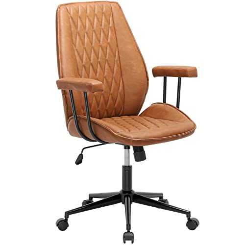 Dictac Leather Office Chair Brown Desk Chair With Removable Armrest, Mid Century Office Chair, Modern Home Office Chair With Wheels, Capacity 400Lbs #TOP7