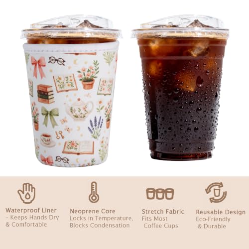 Image of Reusable Insulated Sleeve for Iced Coffee Cup, Coffee Neoprene Sleeve for Cold & Hot Drinks, Beverage Holder for Iced Coffee (Coffee Notes, Medium: 22-24oz)