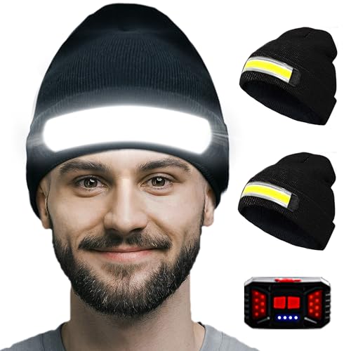 Image of Easymaxx 2 Pack Rechargeable Headlamp Beanie, 1200LM Winter Hat with Light | Wide beam, 6 modes, red rear light, 4-10 hr runtime, washable acrylic blend for dog walking and outdoor work, gifts for men