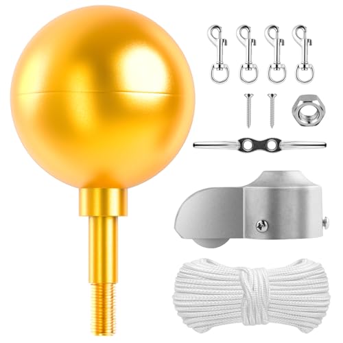 Golden Flag Pole Ball Topper & Hardware Parts Repair Kits, 50FT Halyard Rope, 4