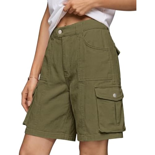 Eddoyee Bermuda Shorts for Women with Pockets Stretchy High Waisted | Cotton Cargo, Knee Length, Elastic Waist, 7 Inch Inseam, Ideal for Summer Casual