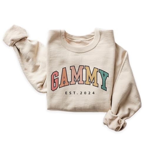Custom Gammy Colorful Sweatshirt, Gifts For Women, Gammy Est New Grandma Sweater, Personalized Mother's Day Shirt, Pregnancy Announcement Gift, Long Sleeve Unisex Crewneck Sweatshirt Sand