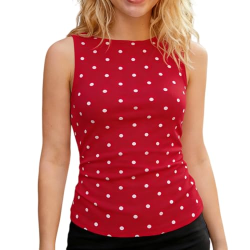 Women Polka Dot Tops Boat Neck Sleeveless Bow Tie Back Casual Slim Fit Cami Y2k Trendy Basic Sexy Shirt(Red,M)