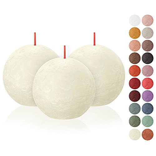 BOLSIUS 3 Pack Ivory Rustic Ball Pillar Candles - 3 Inch - Premium European Quality - Includes Natural Plant-Based Wax - Unscented 25 Hour Party Décor and Wedding Candles