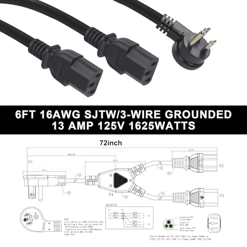 Image of Computer Power Cord Splitter, 6FT Flat Plug NEMA 5-15P to 2X IEC60320 C13 Female 2 Ways Outlet AC Power Cord, SJT 16AWG Universal Laptop 3 Prong Power Cable, Spliiter for Monitor /TV /Printer
