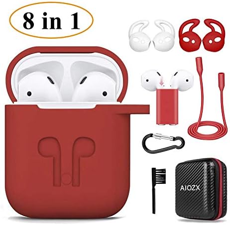 Case for Airpods, Silicone AirPods 2 & 1 Accessories Set Protective Cover, Skin for AirPods Charging Case, Airpods Strap/Airpods Ear Hooks/Holder/Keychain/Carrying Box(Red)