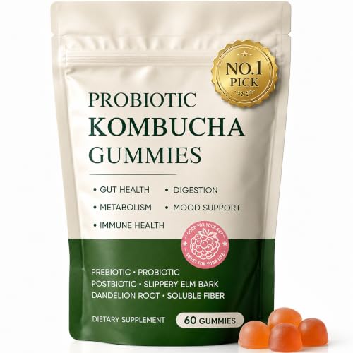 FQMUEV Probiotic Kombucha Gummies | Prebiotics Probiotics Postbiotics | Slippery Elm Bark Dandelion Root Soluble Fiber Mct Oil | Bloating Gut Health | 60 Gummies