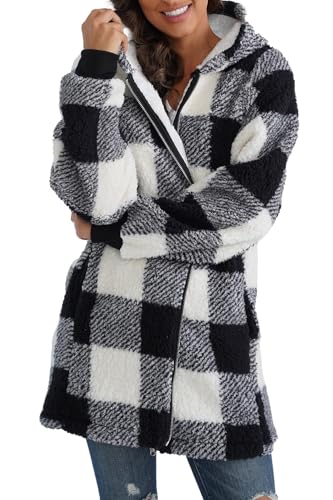 ReachMe Womens Fleece Zip Up Jacket with Pockets Black and White Plaid Coat Sherpa Lined Coats Gifts for Women(03 Black White Plaid,2XL)