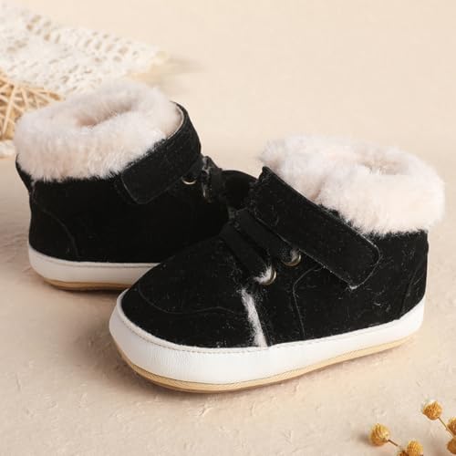 Handmade Velvet Winter Warm Baby Boys Girls Leather Sneakers Soft Rubber Sole Infant Moccasins Newborn Oxford Loafers Anti-Slip Toddler Wedding Uniform Dress Shoes (black, Infant, 6 Months, Age Range, US Footwear Size System, 12 Months, Medium)
