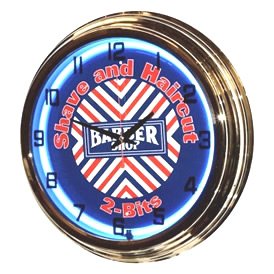 Neon 17" Tin Wall Clock Barber Shop Blue