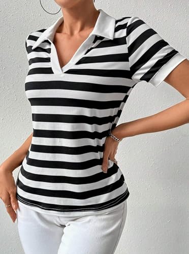 LilyCoco Womens Striped Shirt Fitted Collared Neck Short Sleeve T Shirt4