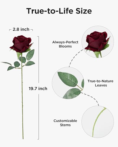 Image of InnoGear 50 Pcs Burgundy Roses Artificial Flowers, Fake Velvet Silk Red Rose Bulk Faux Flower for Decoration Wedding Centerpieces Proposal Bridal Bouquets Shower Party Home Floral Decor (50, Burgundy)