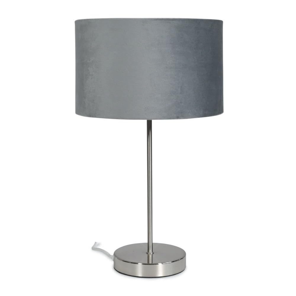 ValueLights | Modern Single Stem Brushed Chrome Table Lamp with a Grey Velvet Drum Shade | Table Lamps, Home Décor & Improvement Essential | Included LED Bulb
