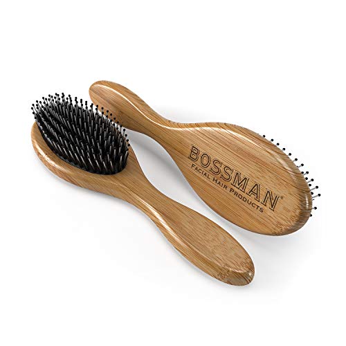 Bossman Boars Hair Beard Brush with Bamboo Wood Frame, Fortified with Massaging Nylon Bristles and Beads, Engraved Handle