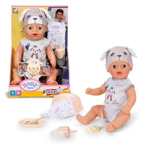 Baby born Lukas con Pelele Motivo Perro, muñeco de 36 cm con 7 Funciones para niños a Partir de 1 año, Funciona sin Pilas