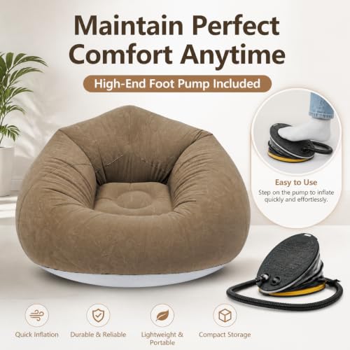 Image of 9 Pcs Inflatable Bean Bag Chairs for Adults with Foot Air Pump, Blow up Couch, Folding Portable Inflatable Couch Lazy Sofa for Outdoor Movie Night Camping (Coffee)