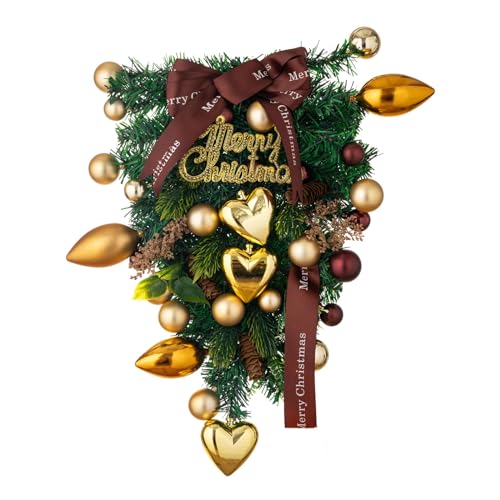 Corona de Navidad invertida colgante de árbol para colgar en la pared, puerta, ventana, decoración de corazón redondo dorado