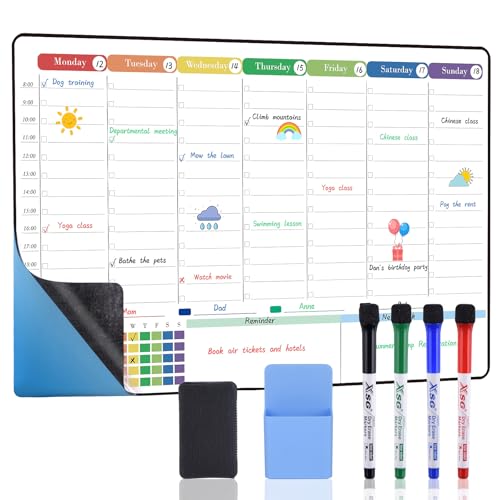 POPRUN Weekly Planner Whiteboard A3 Family Calendar for Wall & Fridge, Self Adhesive White Board Calendar Planner with Time Slots, Week Schedule Board Wipeable for Memo, Meal - 42x28 cm
