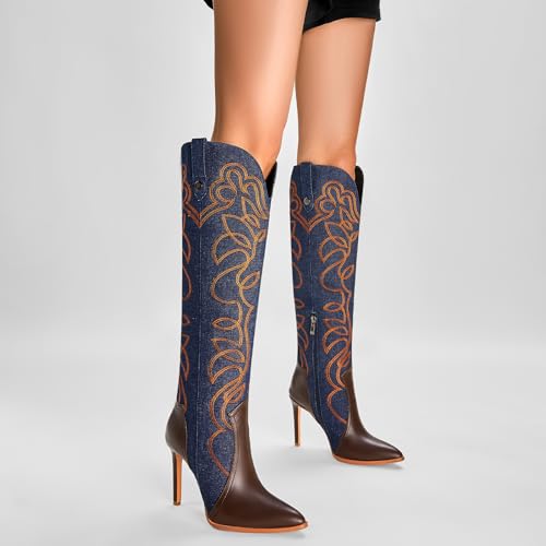 Women's Cowboy Boots Wide Calf Stiletto Knee High Fashion Pointed Toe Side Zipper High Heel Boots4