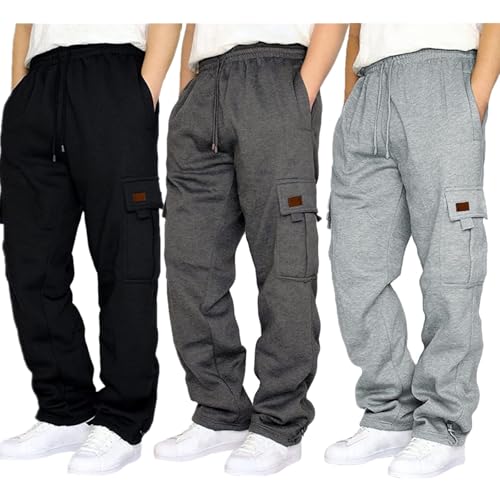 Mens Cargo Sweatpants Fleece Heavyweight Baggy Sweat Pants Casual Elasti Drawstring Trousers Wide Leg Joggers 3 Pack