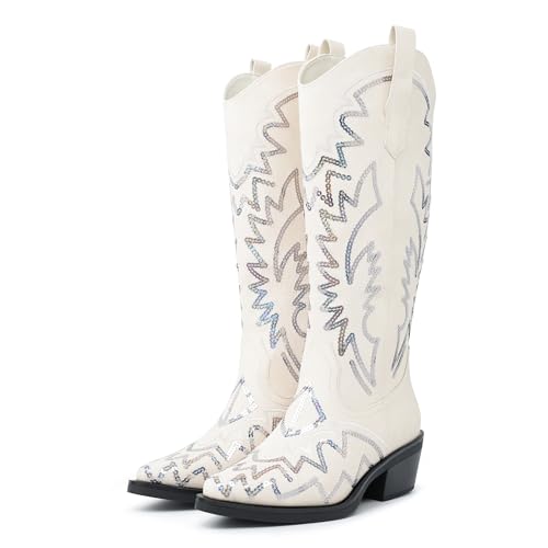 Cowboy Boots For Women Classic Sequin Embroidered Mid Calf Western Cowgirl Boots with Chunky Block Heel and Pointed Toe